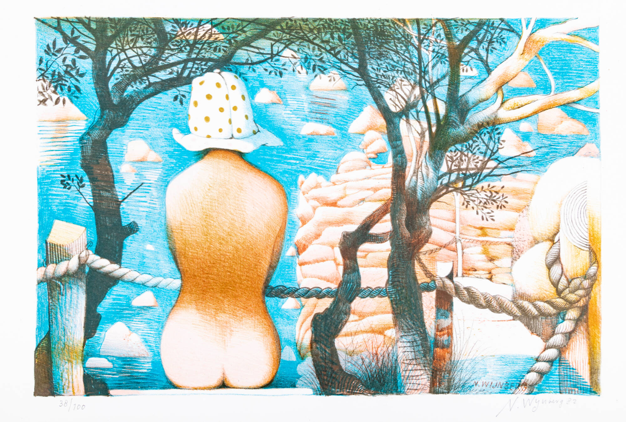 Brightly colored print of a nude woman from behind surrounded by a tree, rope fence and clouds.
